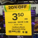 Incorrect Cadbury Caramello 220g block sale tag